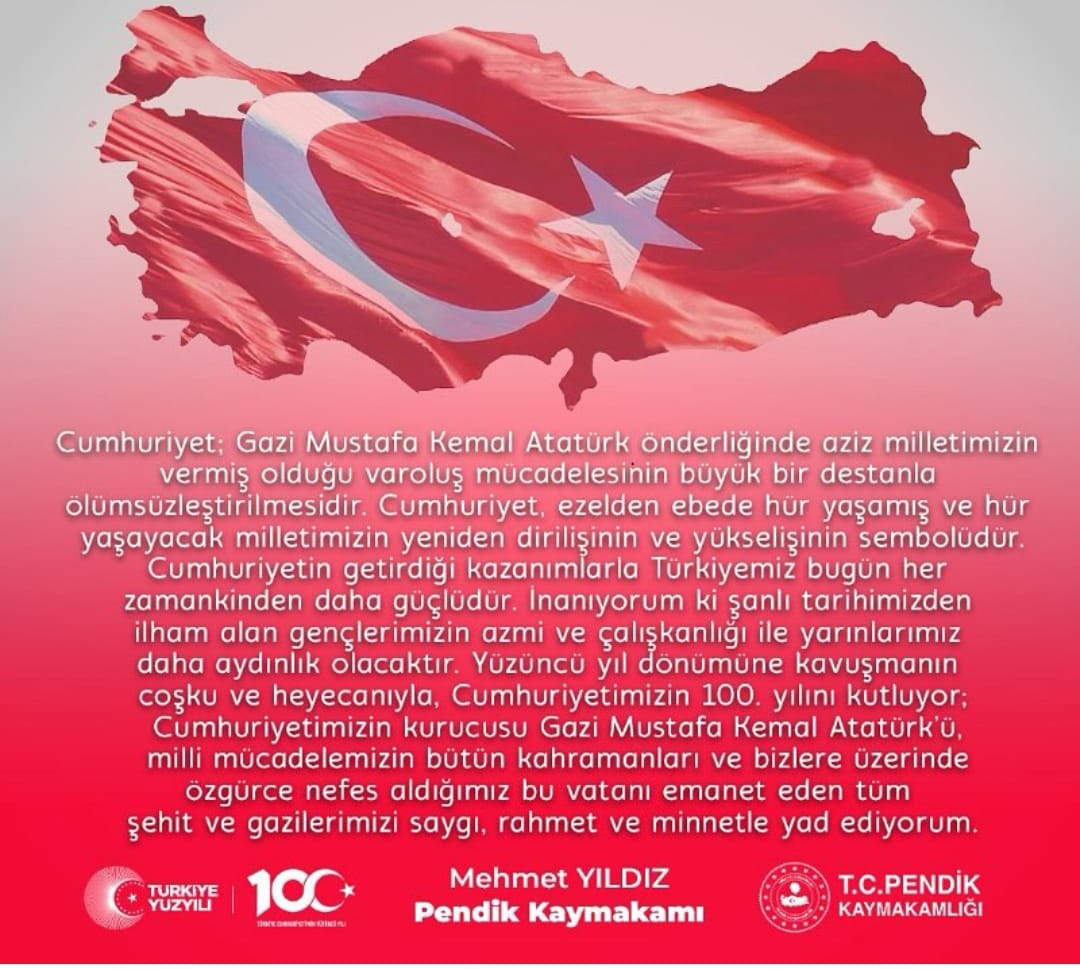 Kaymakamımız Mehmet Yıldız' ın Cumhuriyetimizin 100. Yılı Mesajı